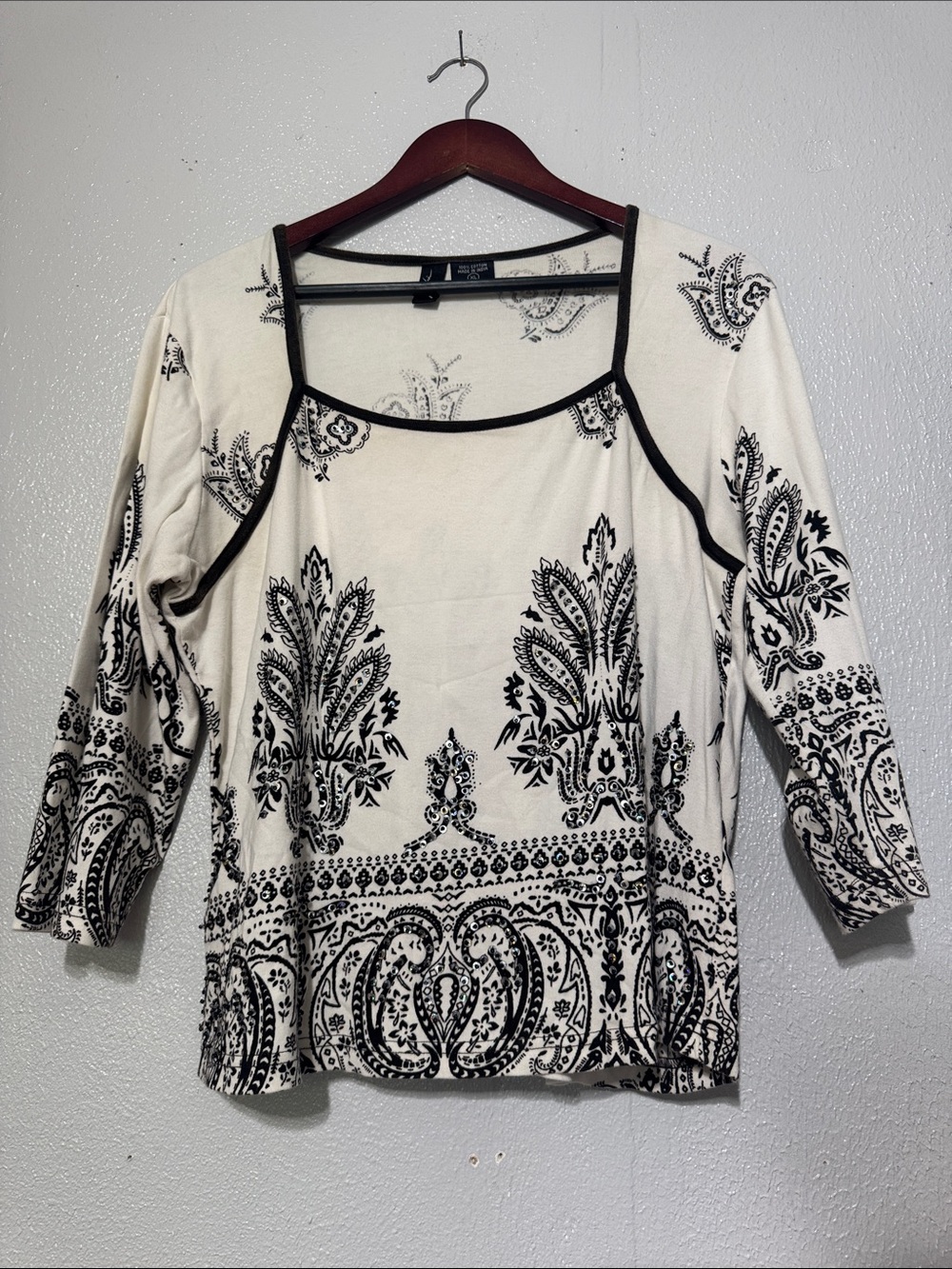 Kashi Boho Embellished Paisley Border Print 3/4 Sleeve Cotton Blouse Top – XL